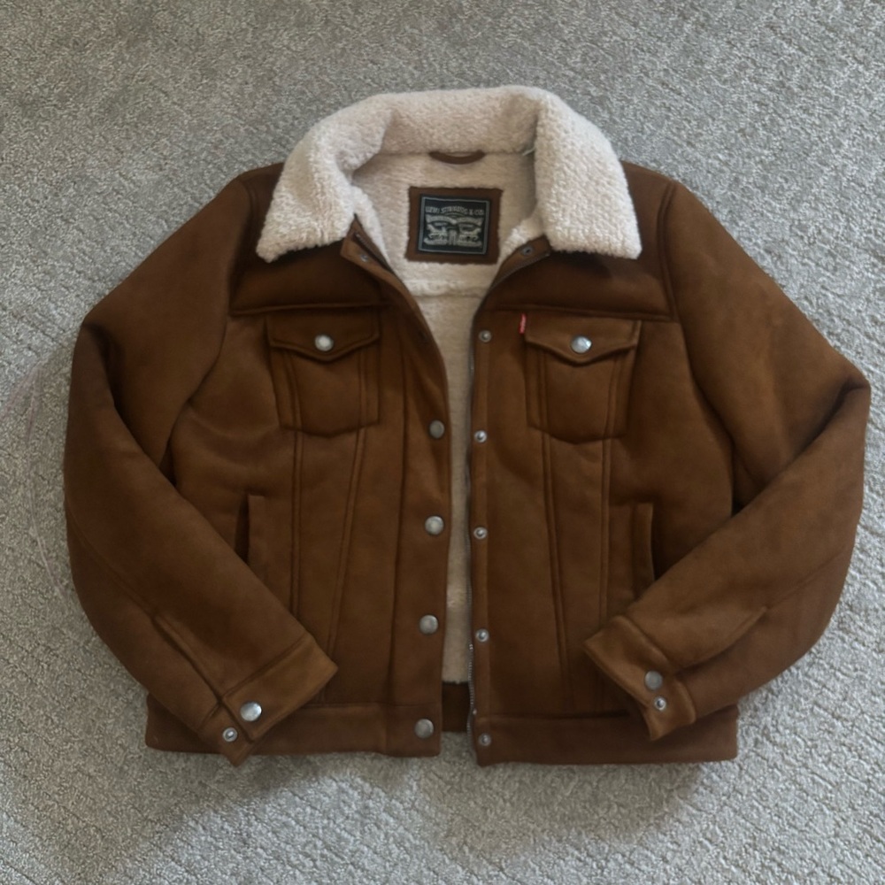 Levi's | Faux Suede Cognac Brown Sherpa-Lined Trucker Jacket | Size M